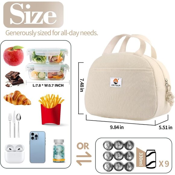 Cute Corduroy Lunch Box for Women & Teens, Insulated Tote for Work/School Beige - Picture 5 of 7